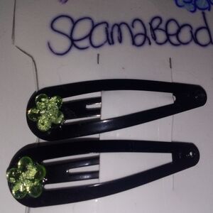 Black Hair Clips with Green Floral Design